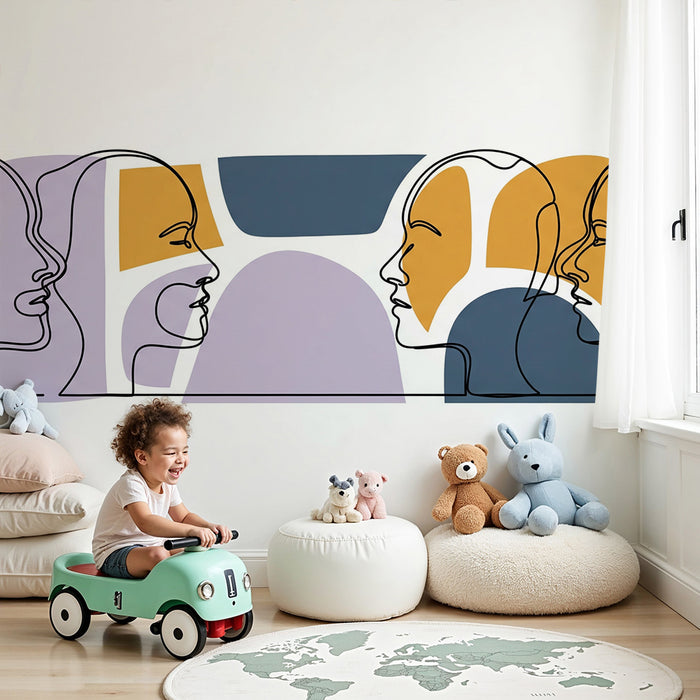 Behang kinderkamer | Gestileerde gezichten en abstracte vormen in zachte kleuren