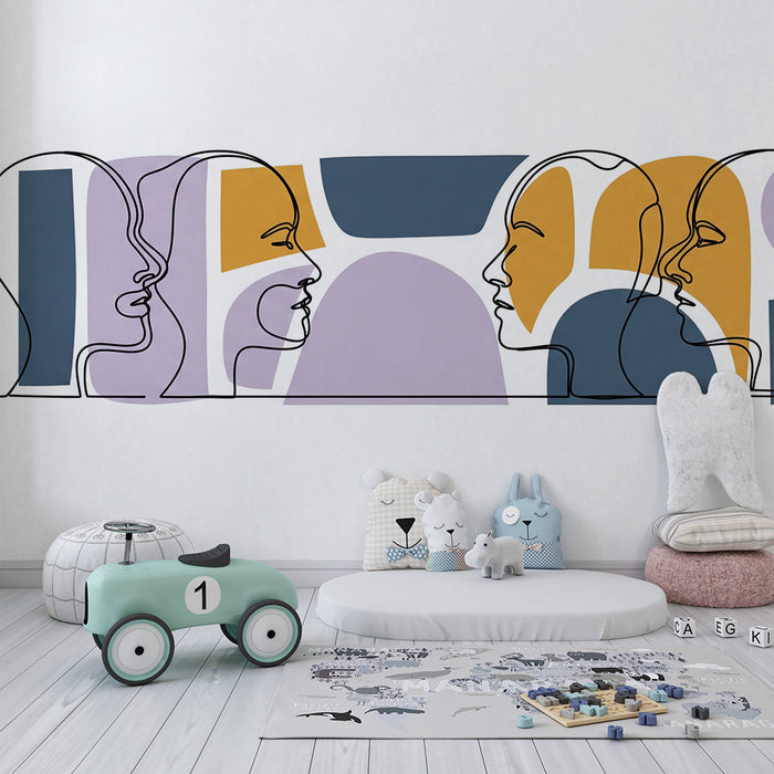 Behang kinderkamer | Gestileerde gezichten en abstracte vormen in zachte kleuren