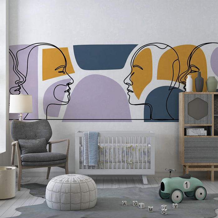 Behang kinderkamer | Gestileerde gezichten en abstracte vormen in zachte kleuren