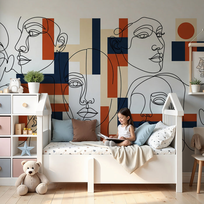 Kinderzimmer Tapete | Stilisierte Gesichter und moderne geometrische Formen