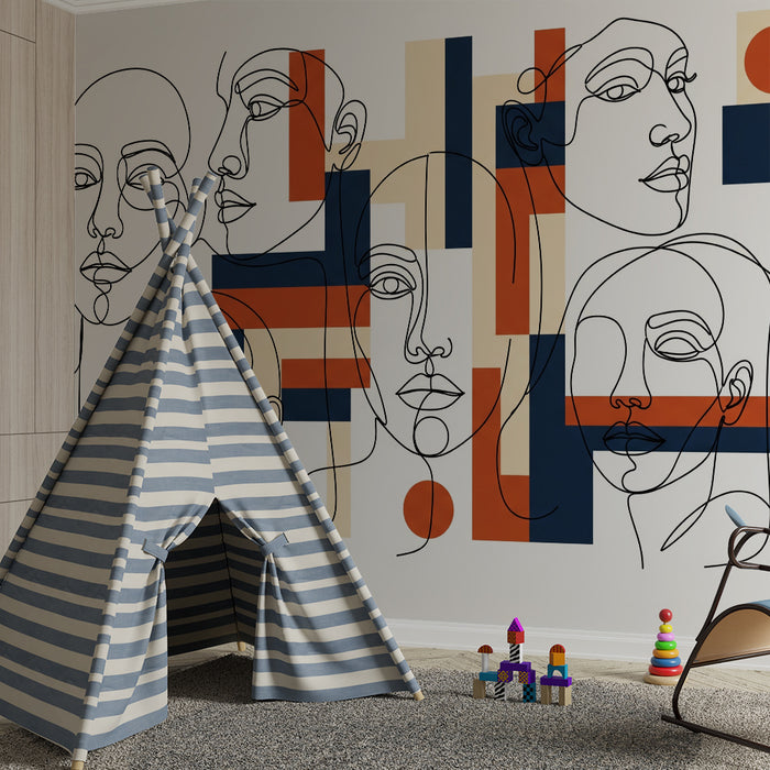 Kinderzimmer Tapete | Stilisierte Gesichter und moderne geometrische Formen