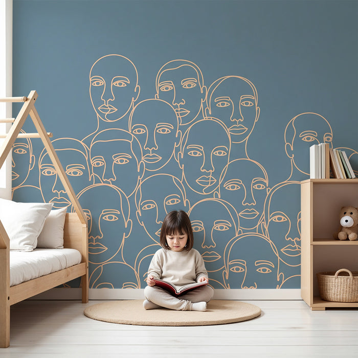 Kids' Room Wallpaper | Stylized Faces on a Soothing Blue Background