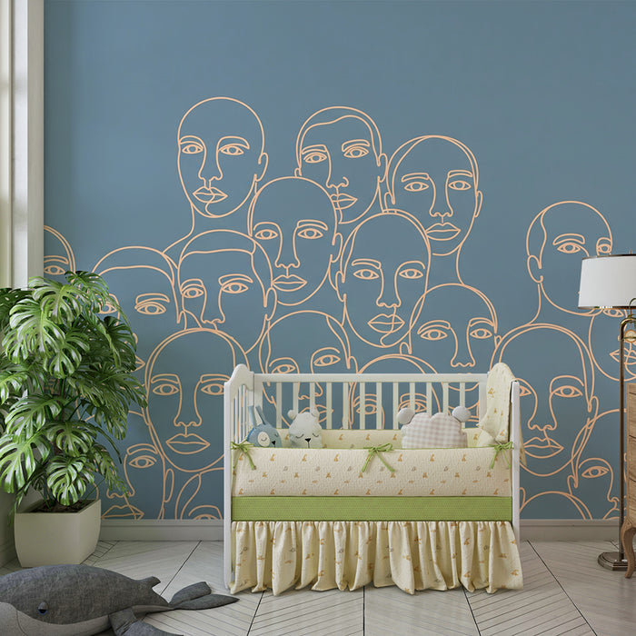 Kids' Room Wallpaper | Stylized Faces on a Soothing Blue Background