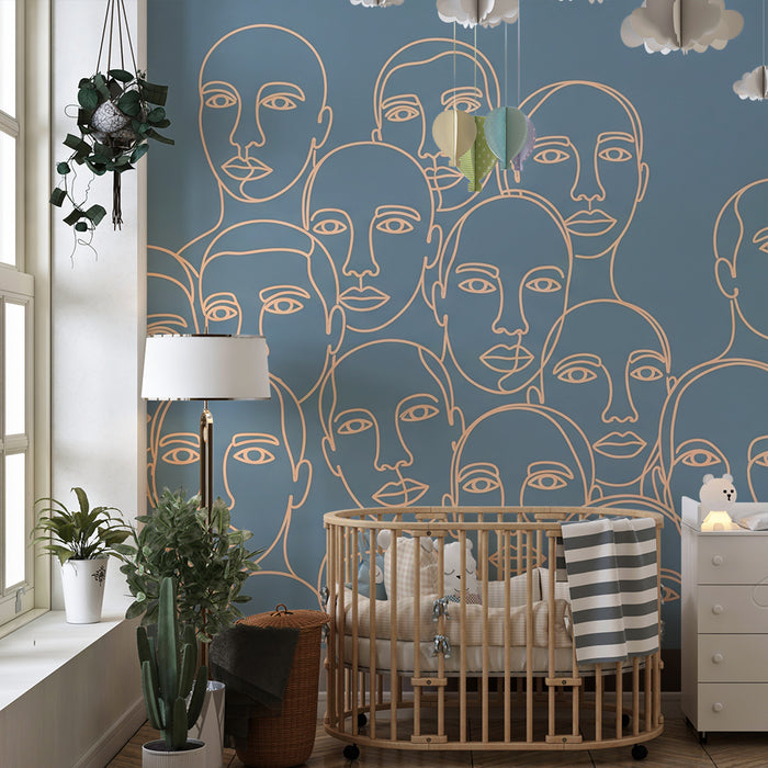 Kids' Room Wallpaper | Stylized Faces on a Soothing Blue Background