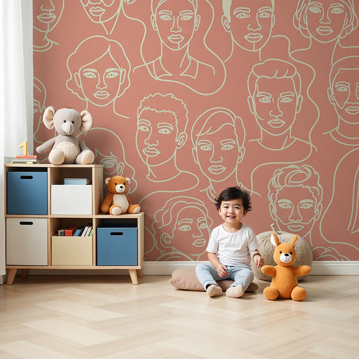 Kids room wallpaper | Stylized faces on coral background