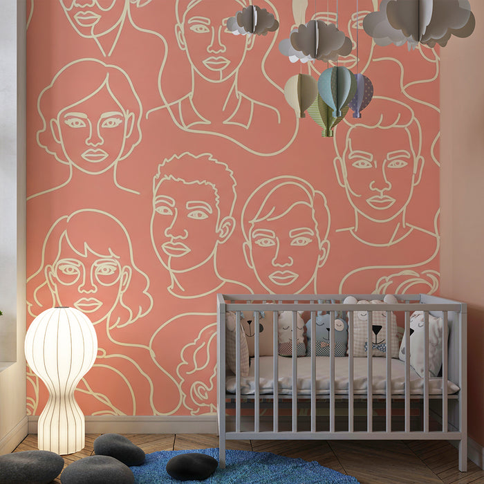 Kids room wallpaper | Stylized faces on coral background