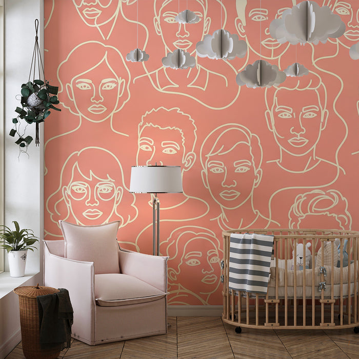 Kids room wallpaper | Stylized faces on coral background