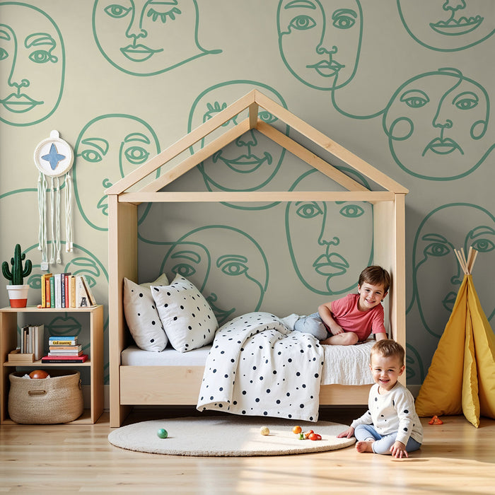 Children's room wallpaper | Stylized faces on a soft background