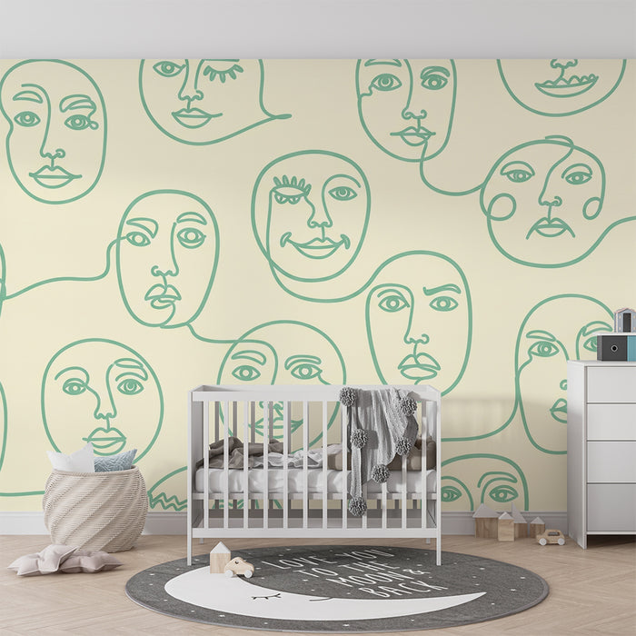 Children's room wallpaper | Stylized faces on a soft background