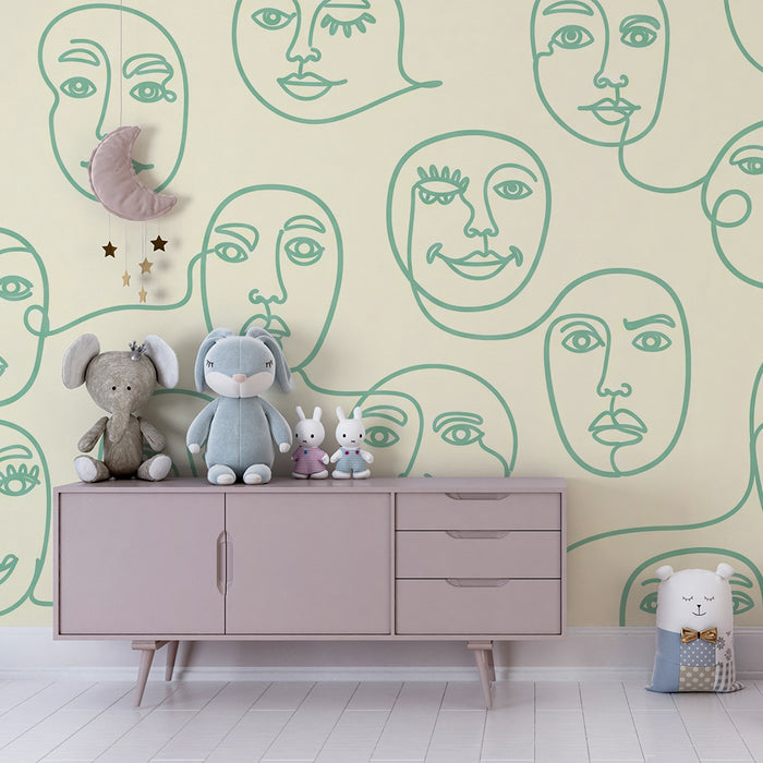 Children's room wallpaper | Stylized faces on a soft background