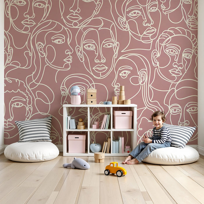 Kids room wallpaper | Stylized faces on a pink background