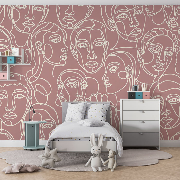 Kids room wallpaper | Stylized faces on a pink background