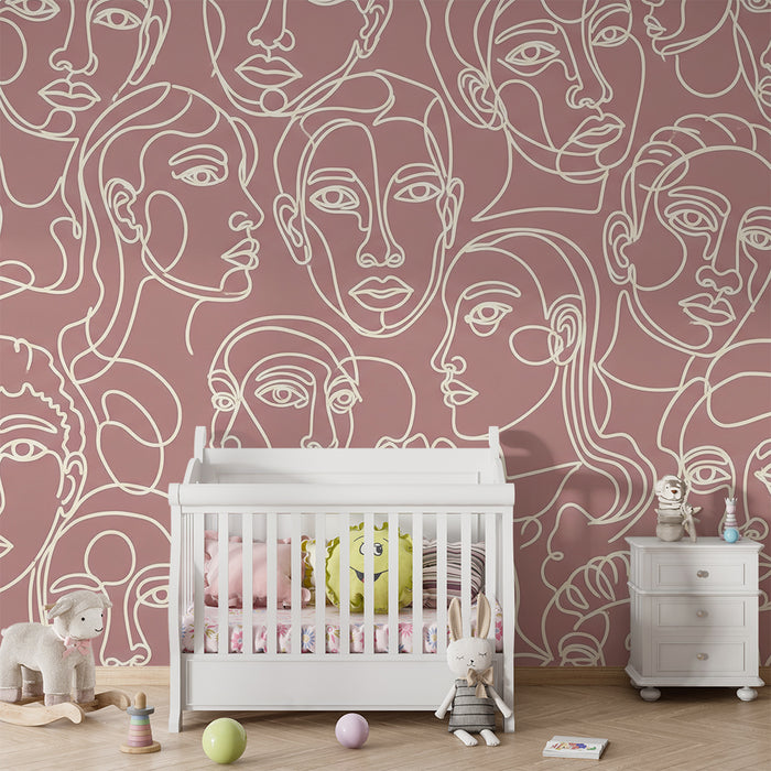 Kids room wallpaper | Stylized faces on a pink background