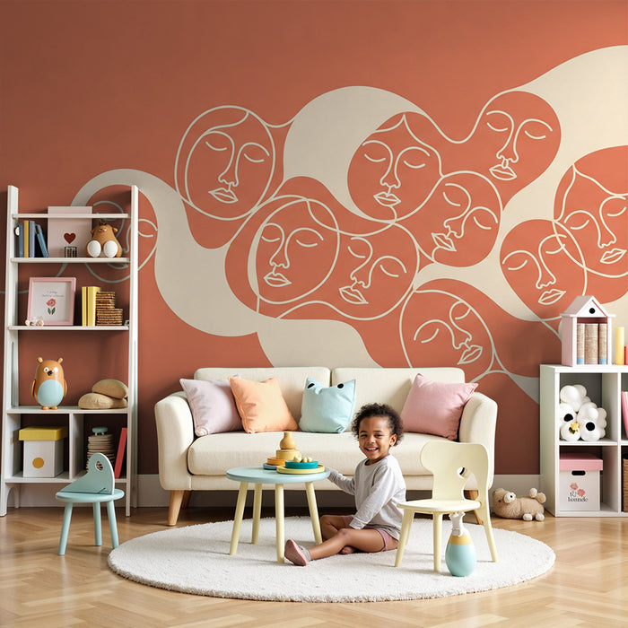 Kids' room wallpaper | Stylized faces on a terracotta background
