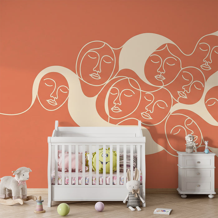 Kids' room wallpaper | Stylized faces on a terracotta background
