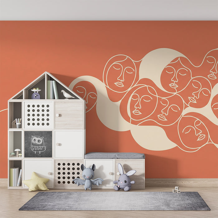 Kids' room wallpaper | Stylized faces on a terracotta background