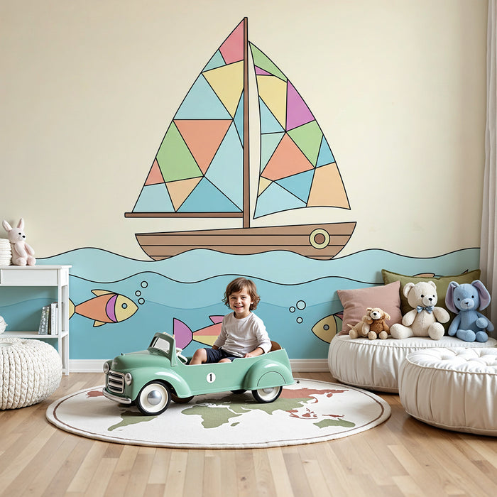 Lastenhuoneen tapetti | Värikäs purjevene iloisilla kaloilla