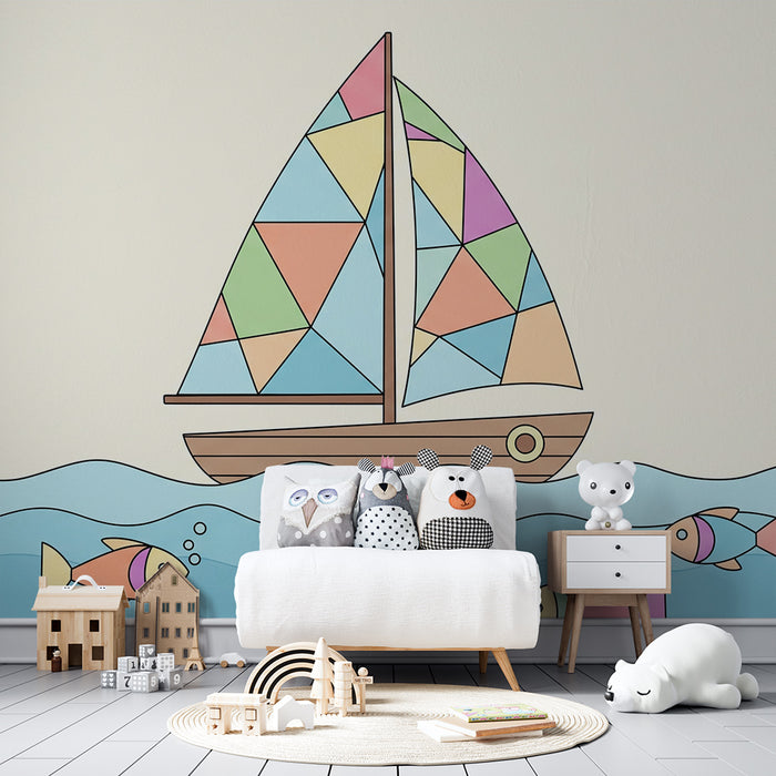 Lastenhuoneen tapetti | Värikäs purjevene iloisilla kaloilla