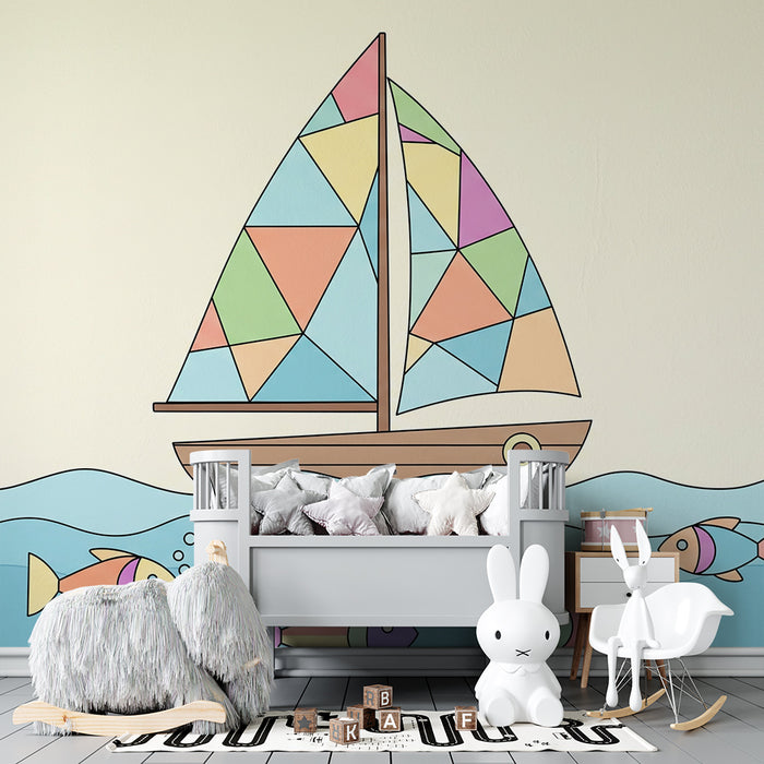 Lastenhuoneen tapetti | Värikäs purjevene iloisilla kaloilla