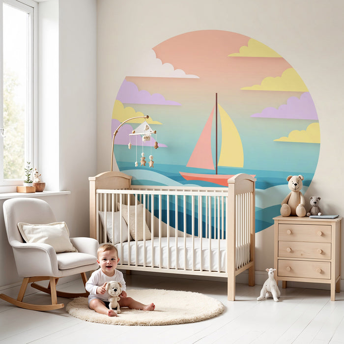 Kinderzimmer Tapete | Buntes Segelboot, das auf beruhigenden Wellen segelt