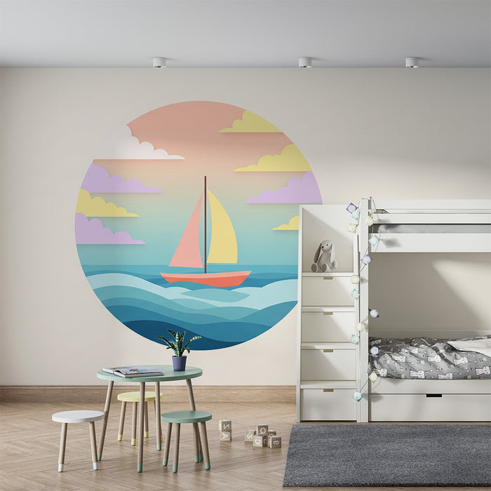 Kinderzimmer Tapete | Buntes Segelboot, das auf beruhigenden Wellen segelt