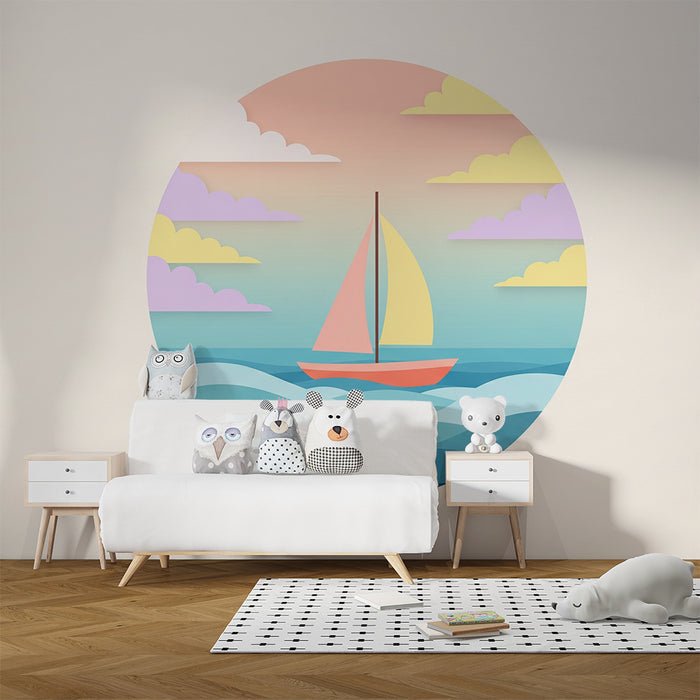 Kinderzimmer Tapete | Buntes Segelboot, das auf beruhigenden Wellen segelt
