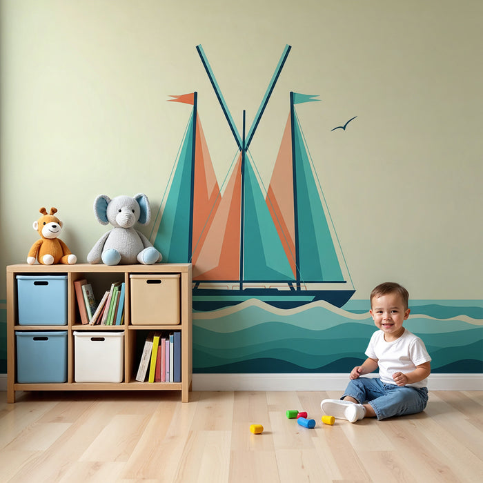 Papier peint chambre enfant | Voilier coloré naviguant sur des vagues stylisées