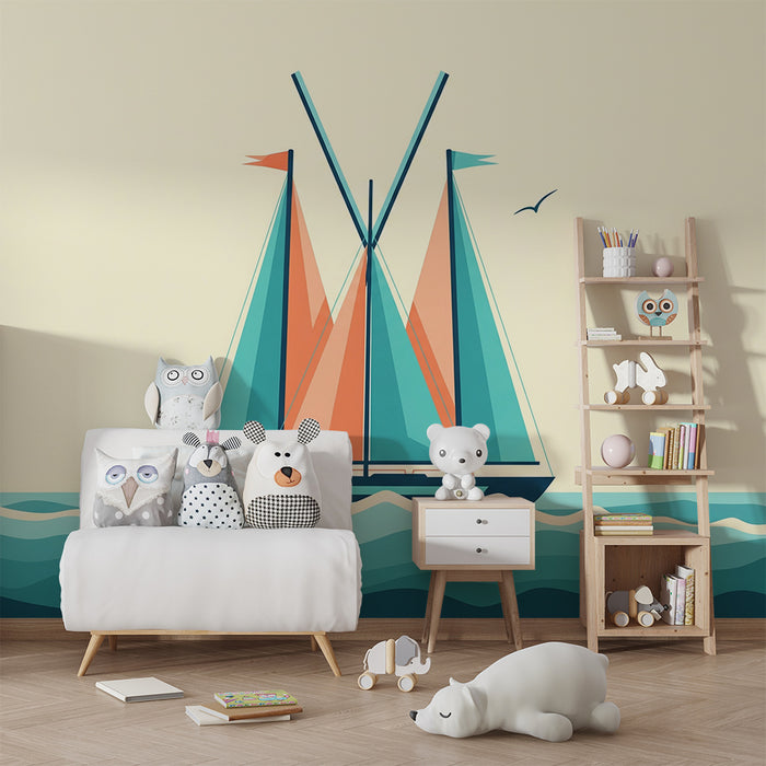 Papier peint chambre enfant | Voilier coloré naviguant sur des vagues stylisées