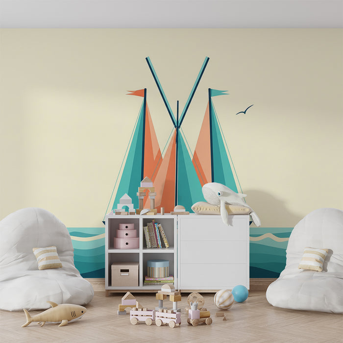 Papier peint chambre enfant | Voilier coloré naviguant sur des vagues stylisées