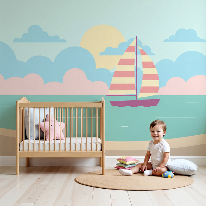 Papier peint chambre enfant | Voilier coloré sur une mer paisible avec ciel pastel