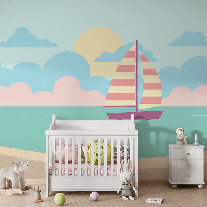 Papier peint chambre enfant | Voilier coloré sur une mer paisible avec ciel pastel