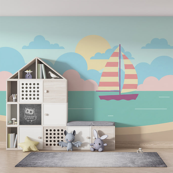 Papier peint chambre enfant | Voilier coloré sur une mer paisible avec ciel pastel