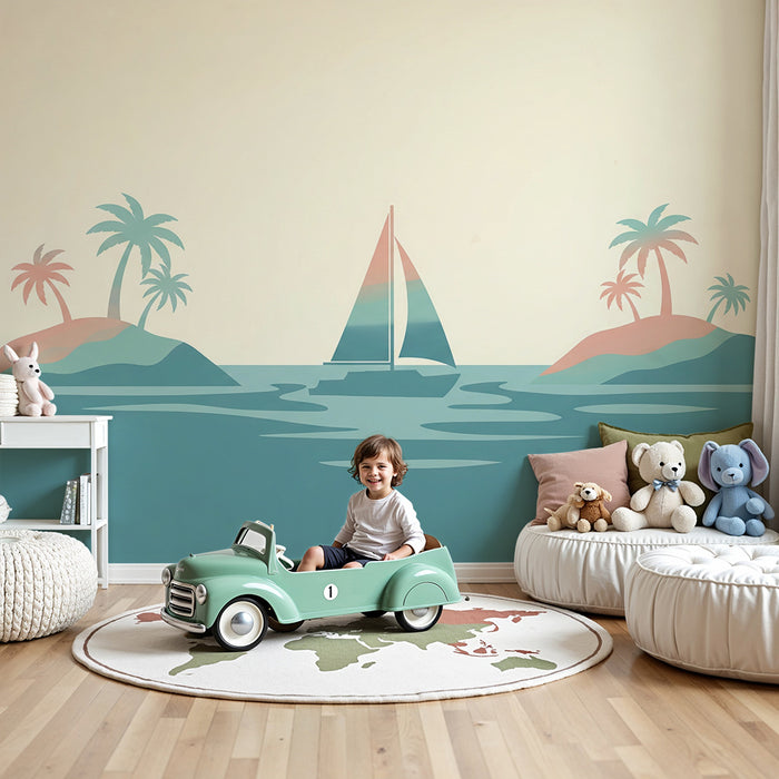 Papier peint chambre enfant | Voilier et îles tropicales dans des teintes douces