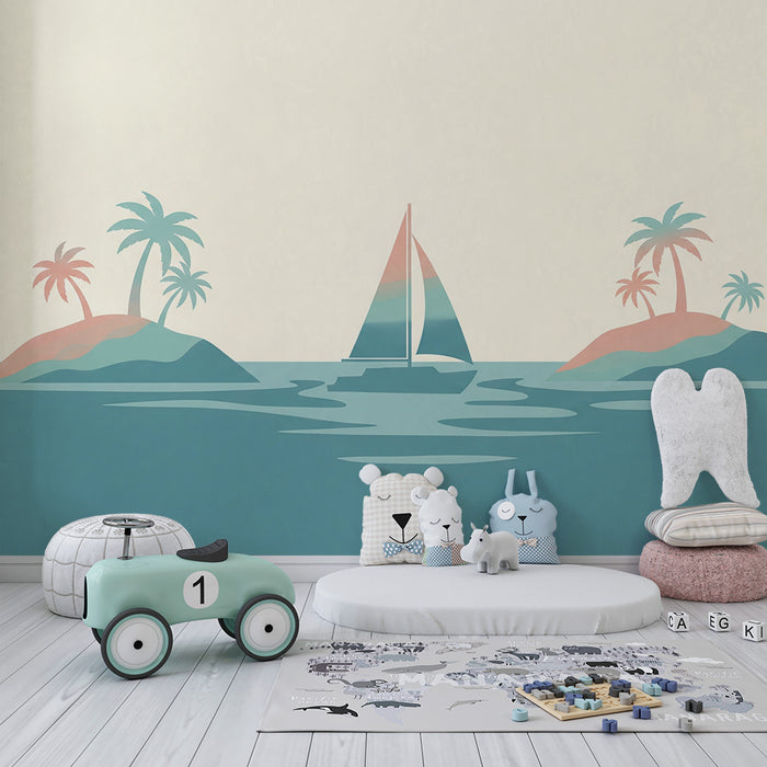 Papier peint chambre enfant | Voilier et îles tropicales dans des teintes douces