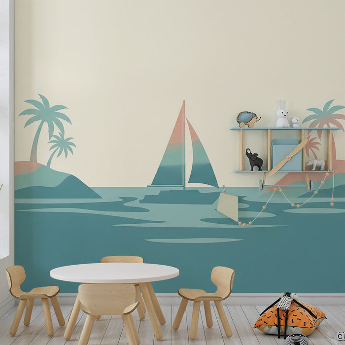 Papier peint chambre enfant | Voilier et îles tropicales dans des teintes douces
