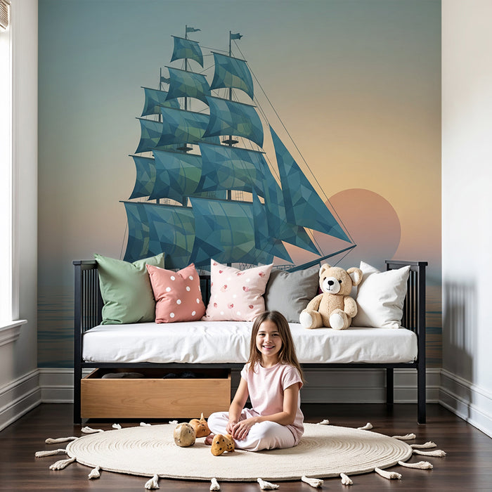 Papel de parede criança | Geométrico veleiro em um fundo de pôr do sol tranquilo