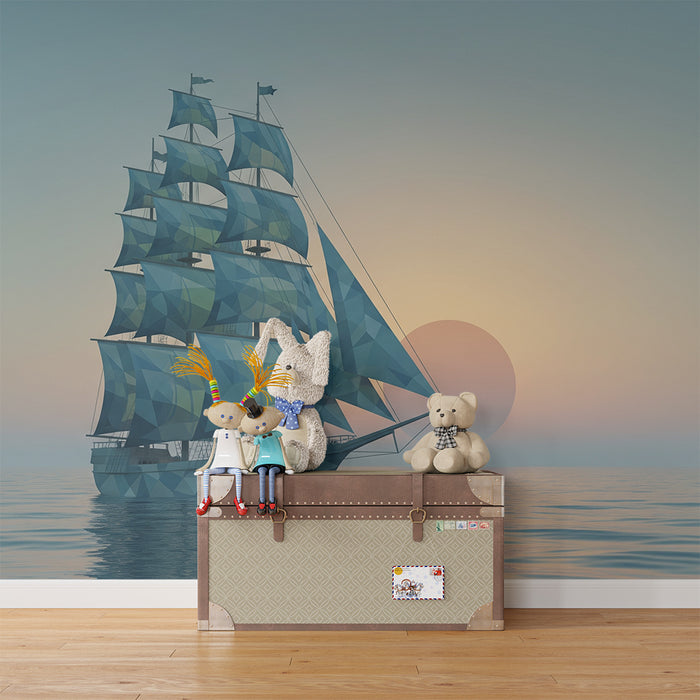Papel de parede criança | Geométrico veleiro em um fundo de pôr do sol tranquilo