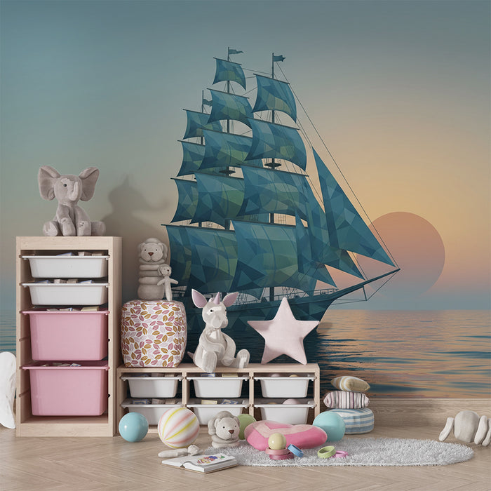 Papel de parede criança | Geométrico veleiro em um fundo de pôr do sol tranquilo