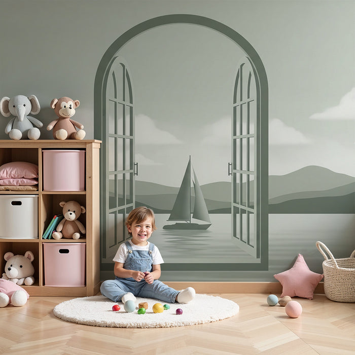 Kinderzimmer Tapete | Friedliches Segelboot durch eine offene Tür zu einer ruhigen Landschaft