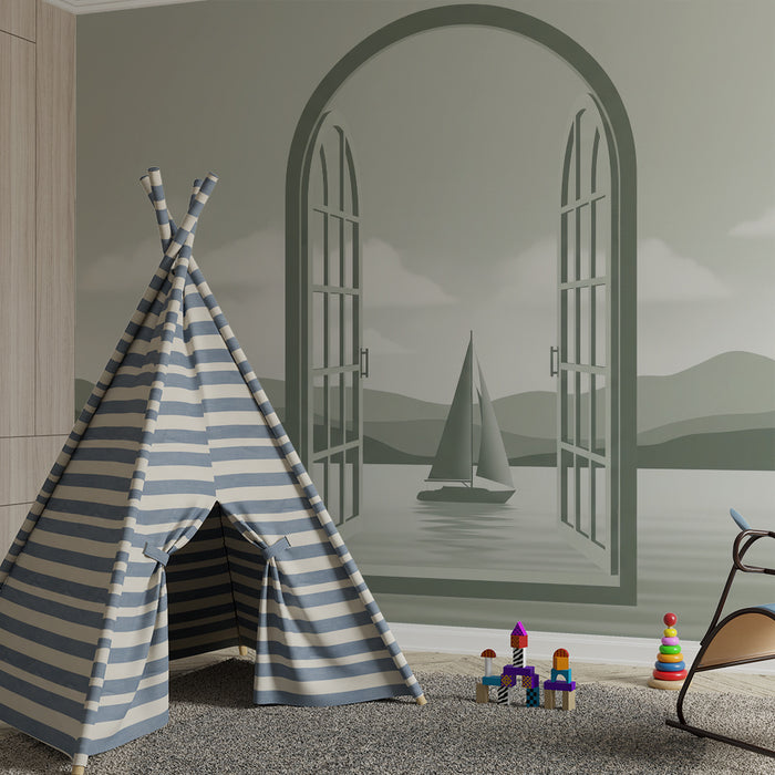 Kinderzimmer Tapete | Friedliches Segelboot durch eine offene Tür zu einer ruhigen Landschaft