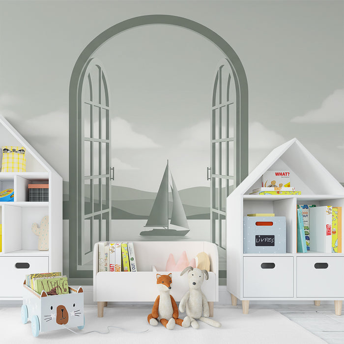 Kinderzimmer Tapete | Friedliches Segelboot durch eine offene Tür zu einer ruhigen Landschaft