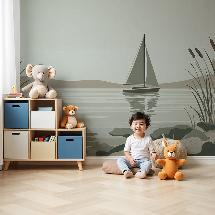 Papel de parede criança | Velier liniștit pe un lac înconjurat de vegetație