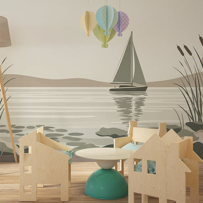 Papel de parede criança | Velier liniștit pe un lac înconjurat de vegetație