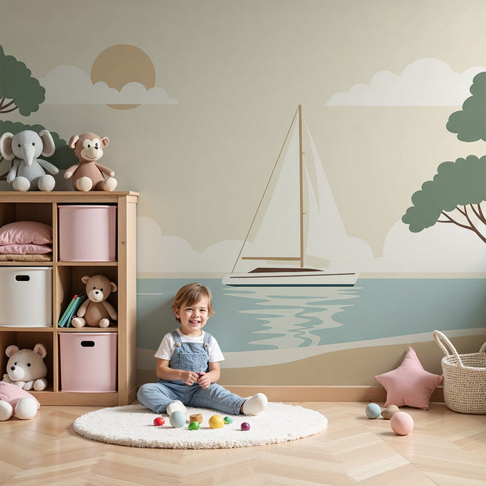 Kinderzimmer Tapete | Friedliches Segelschiff auf ruhiger See mit stilisierten Bäumen