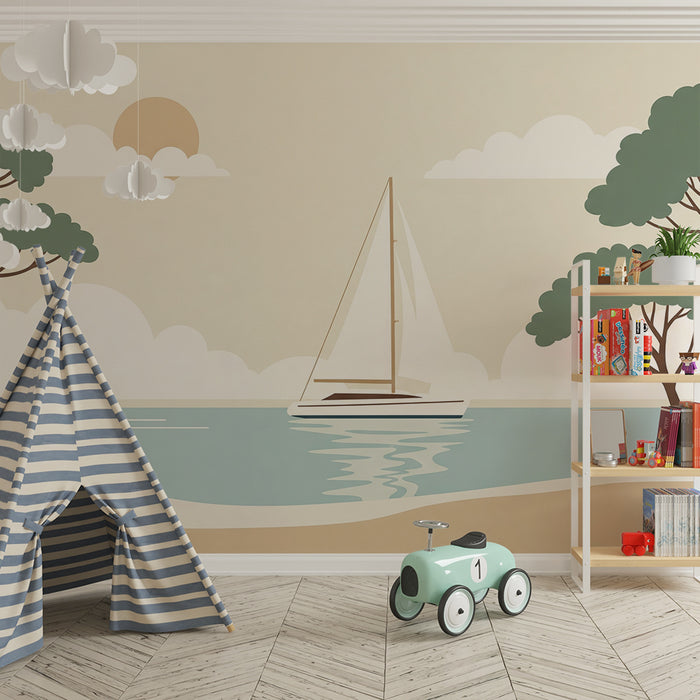 Kinderzimmer Tapete | Friedliches Segelschiff auf ruhiger See mit stilisierten Bäumen