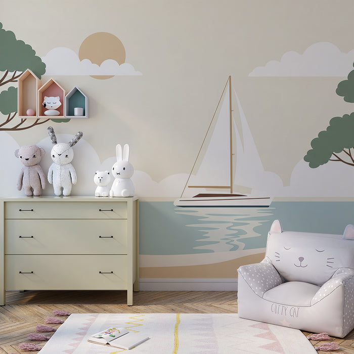 Kinderzimmer Tapete | Friedliches Segelschiff auf ruhiger See mit stilisierten Bäumen