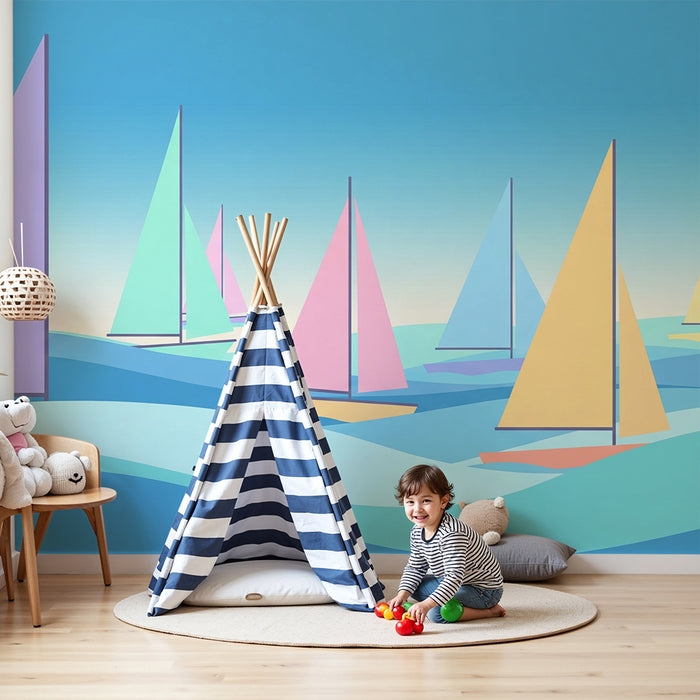 Papier peint chambre enfant | Voiliers colorés sur des vagues apaisantes