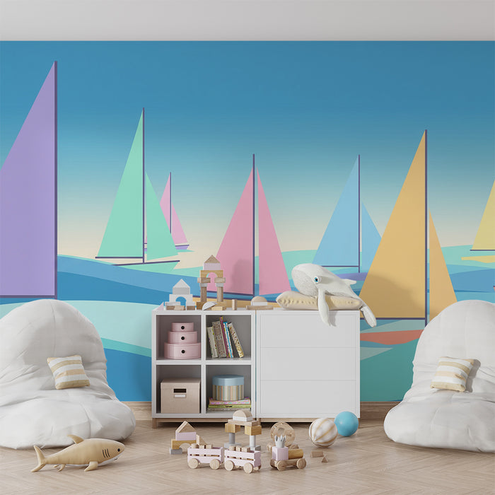 Papier peint chambre enfant | Voiliers colorés sur des vagues apaisantes