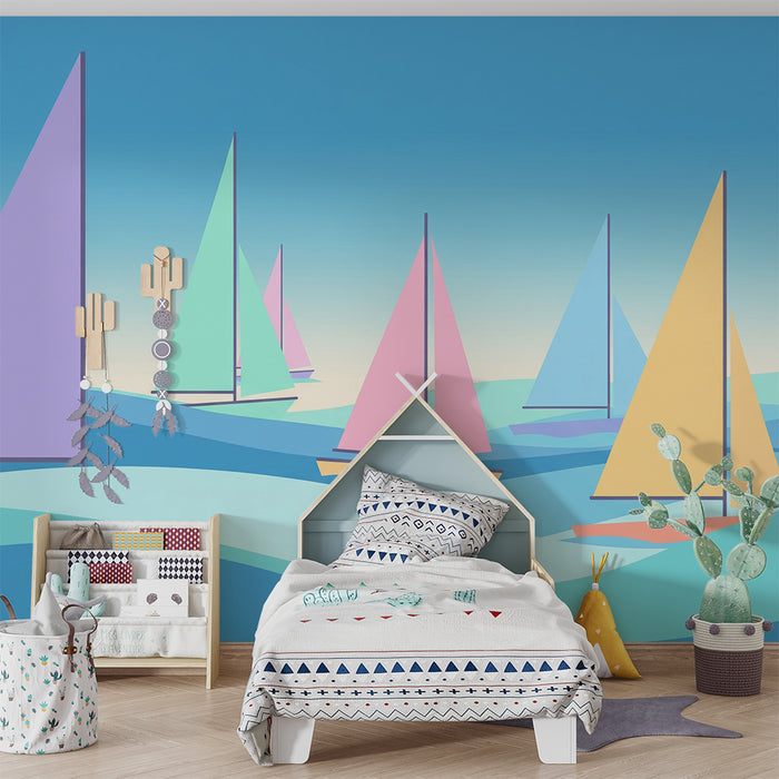 Papier peint chambre enfant | Voiliers colorés sur des vagues apaisantes