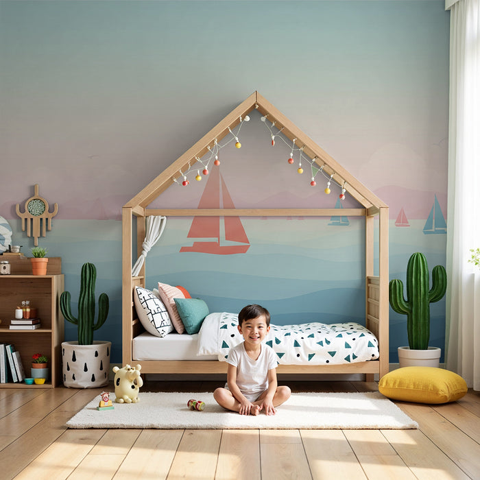 Carta da parati bambini | Velieri colorati su un mare tranquillo